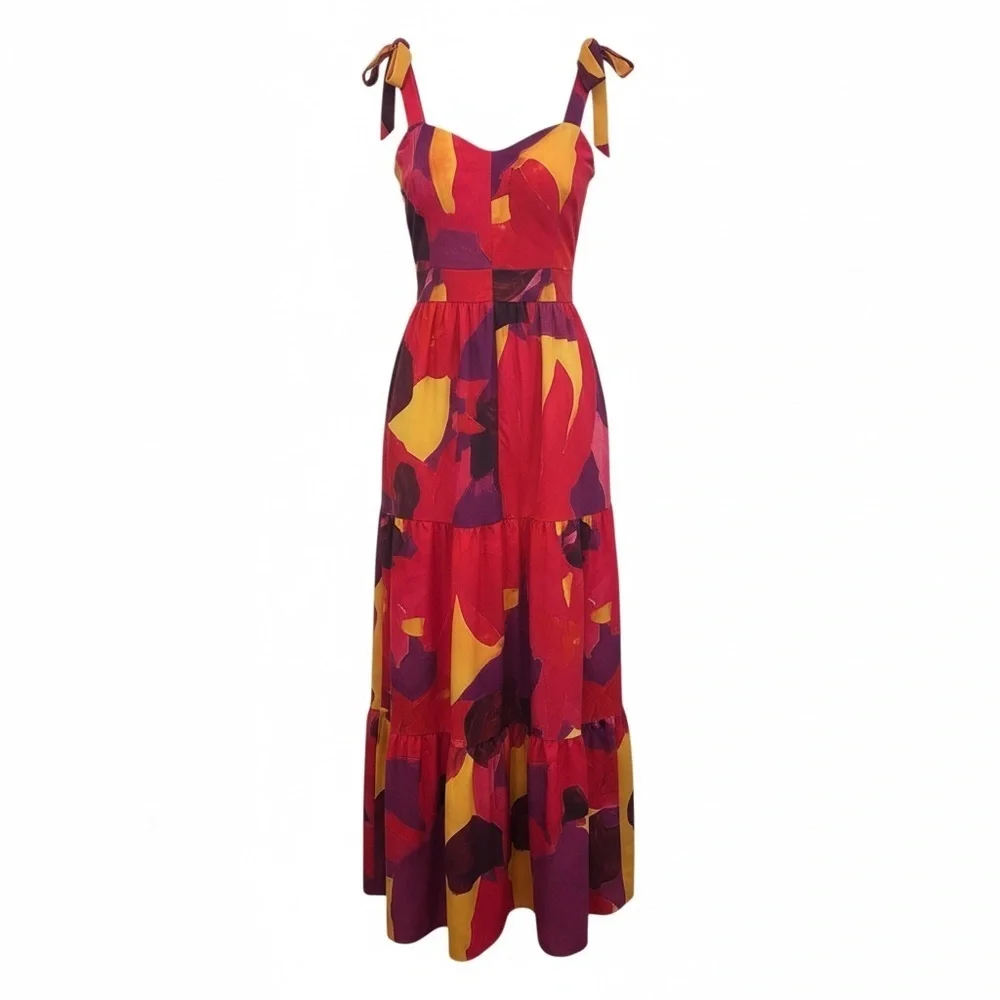 Louise James Boutique Abstract Print Tiered Maxi Dress Boho Sundress M